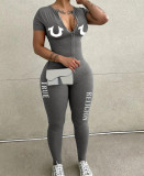 Long Sleeve Letter Print Zipper Jumpsuit GXJL-00045