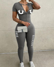 Long Sleeve Letter Print Zipper Jumpsuit GXJL-00045