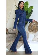 Plus Size Slim Single Breasted Denim Jumpsuit OSIF-20917