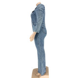 Plus Size Slim Single Breasted Denim Jumpsuit OSIF-20917