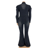 Plus Size Slim Single Breasted Denim Jumpsuit OSIF-20917