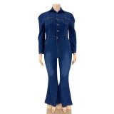 Plus Size Slim Single Breasted Denim Jumpsuit OSIF-20917