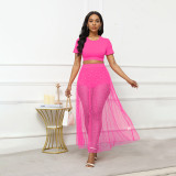 Short Sleeve T-shirt Beaded Mesh Skirt 3 Piece Set GWDS-240101