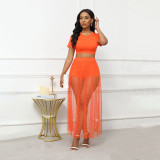 Short Sleeve T-shirt Beaded Mesh Skirt 3 Piece Set GWDS-240101