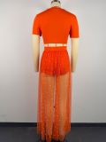 Short Sleeve T-shirt Beaded Mesh Skirt 3 Piece Set GWDS-240101