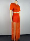 Short Sleeve T-shirt Beaded Mesh Skirt 3 Piece Set GWDS-240101