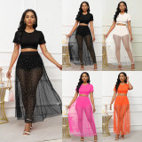 Short Sleeve T-shirt Beaded Mesh Skirt 3 Piece Set GWDS-240101
