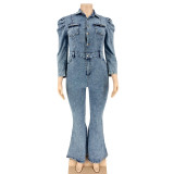 Plus Size Slim Single Breasted Denim Jumpsuit OSIF-20917