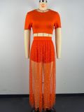 Short Sleeve T-shirt Beaded Mesh Skirt 3 Piece Set GWDS-240101