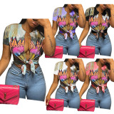 Print Tassel Split Tie Knot T Shirt GSDF-2070