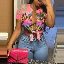 Print Tassel Split Tie Knot T Shirt GSDF-2070
