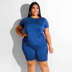 Plus Size Solid Color Short Sleeve Two Piece Shorts Set ONY-5008