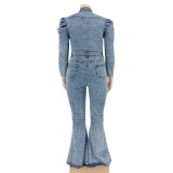 Plus Size Slim Single Breasted Denim Jumpsuit OSIF-20917
