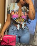 Print Tassel Split Tie Knot T Shirt GSDF-2070