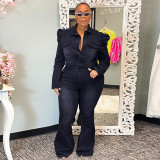 Plus Size Slim Single Breasted Denim Jumpsuit OSIF-20917