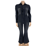 Plus Size Slim Single Breasted Denim Jumpsuit OSIF-20917