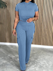 Short Sleeve Solid Color 2 Piece Pants Set YH-5316