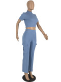 Short Sleeve Solid Color 2 Piece Pants Set YH-5316