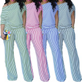 Casual Stripe Slash Shoulder Two Piece Pants Set OD-8582