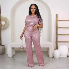 Fashion Sequin Short Sleeve Pants 2 Piece Set OD-8614