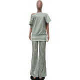 Casual Stripe Slash Shoulder Two Piece Pants Set OD-8582