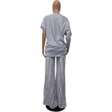 Casual Stripe Slash Shoulder Two Piece Pants Set OD-8582