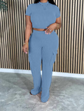 Short Sleeve Solid Color 2 Piece Pants Set YH-5316
