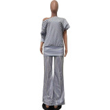 Casual Stripe Slash Shoulder Two Piece Pants Set OD-8582