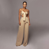 Solid Color Tie Up Wrap Two Piece Pants Set SSNF-211109