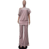 Casual Stripe Slash Shoulder Two Piece Pants Set OD-8582