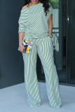 Casual Stripe Slash Shoulder Two Piece Pants Set OD-8582