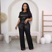 Fashion Sequin Short Sleeve Pants 2 Piece Set OD-8614