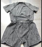 Short Sleeve Rib Solid Two Piece Short Set CH-24020