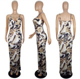 Leppard Print Sling V Neck Maxi Dress LSL-6448