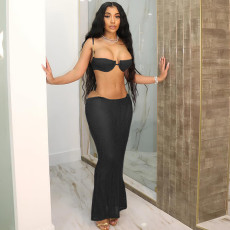See Through Tie Up Tops Two Piece Skirts Set XEF-44749