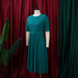Plus Size Solid O Neck Short Sleeve Pleated Dress GCZF-D028-C1
