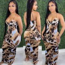 Leppard Print Sling V Neck Maxi Dress LSL-6448