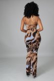 Leppard Print Sling V Neck Maxi Dress LSL-6448
