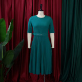 Plus Size Solid O Neck Short Sleeve Pleated Dress GCZF-D028-C1
