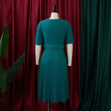 Plus Size Solid O Neck Short Sleeve Pleated Dress GCZF-D028-C1