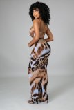 Leppard Print Sling V Neck Maxi Dress LSL-6448