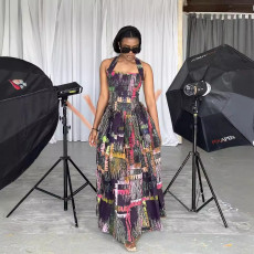 Fashion Print Halter Big Swing Maxi Dress NY-10787