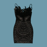 Hot Drill Feather Splicing Sling Mini Dress NY-3159