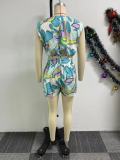 Print V Neck Pleated Loose Two Piece Shorts Set NY-10788