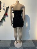 Sequin Deep V Neck Feather Mini Dress NY-3205
