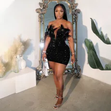 Sequin Deep V Neck Feather Mini Dress NY-3205