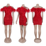 Sequin Feather Splicing Tube Tops Dress NY-3176