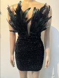Sequin Deep V Neck Feather Mini Dress NY-3205