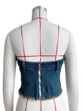 Embroidered Print Denim Wrap Chest Top CH-88017
