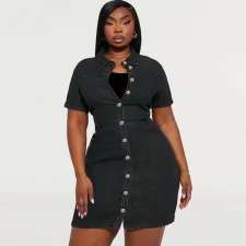 Plus Size Lapel Single-breasted Denim Mini Dress GDAM-218501